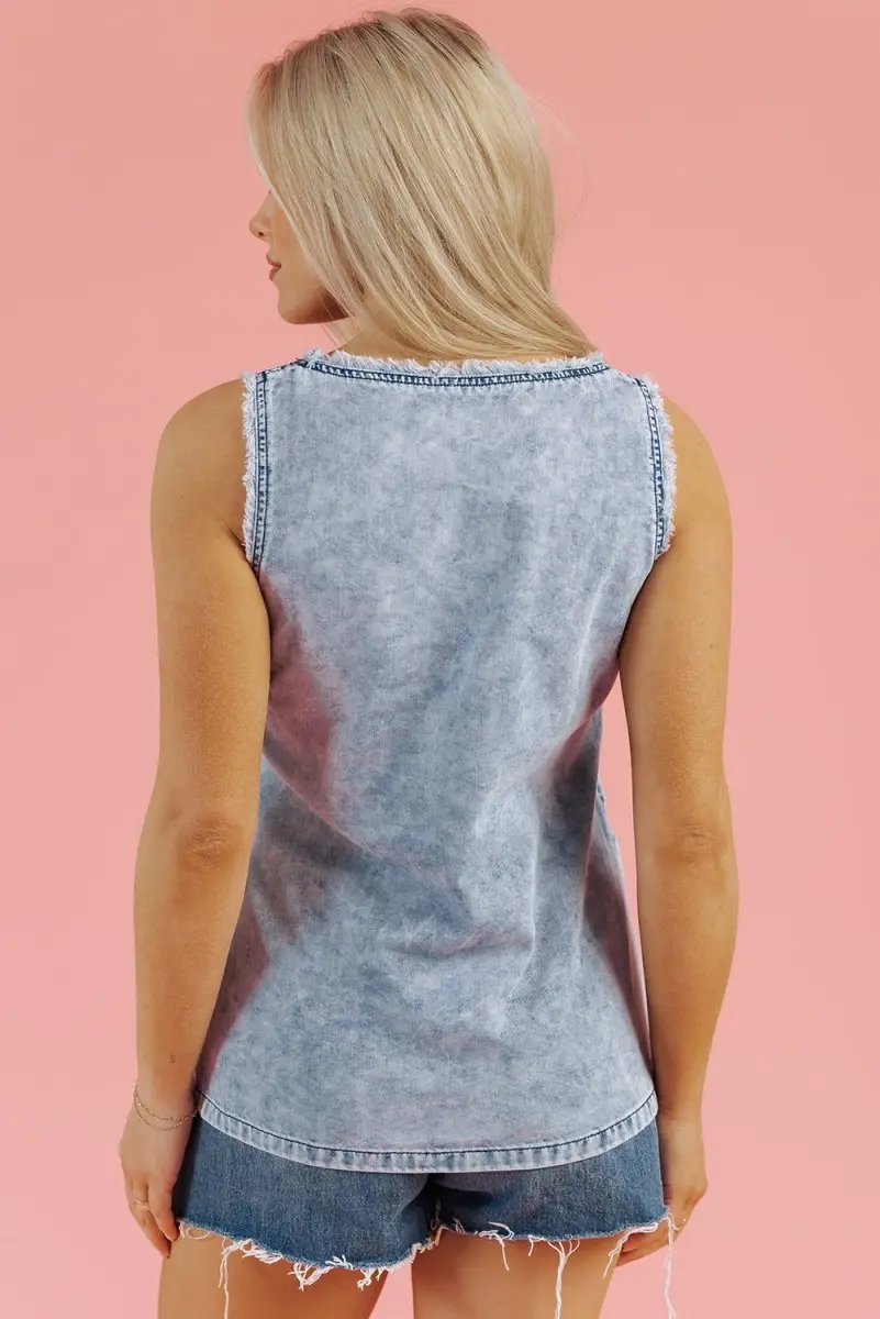 Beau Blue Mineral Wash Denim Frayed U Neck Sleeveless Top - Love Salve